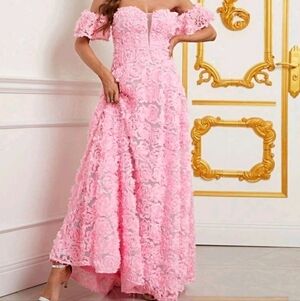 PINK PARTY PUFF SLEEVE,  FLORAL, off the shoulder,  Contrast Mesh, a lin…